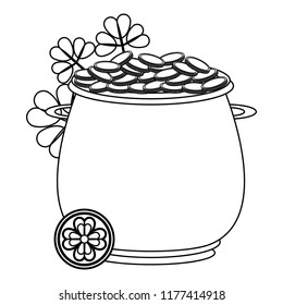 Pot with coins and clovers in black and white