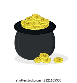 pot of coins, pot with gold, leprechaun's gold, coins with shamrock, clover, trefoil, St. Patrick's day