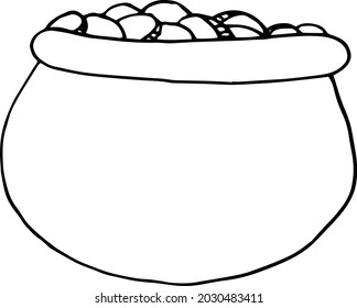 pot of coins icon, sticker. sketch hand drawn doodle style. vector minimalism monochrome. leprechaun treasures