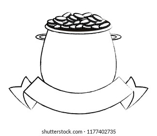 Pot with coins with ribbon banner sketch