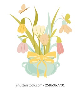 Pot with colorful snowdrops and a bow tie, vector illustration