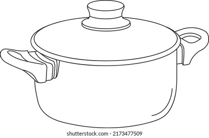 Pot Cooking Kitchenware Vector. Metallic Kitchen Accessory Pot For Boiling Water And Cook Food. Saucepan Black And White Illustration,non stick cooking range