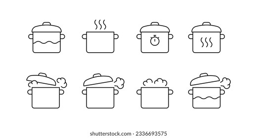Pot for cooking on kitchen, pan cuisine icon line set. Pots for cook food. Vector illustration