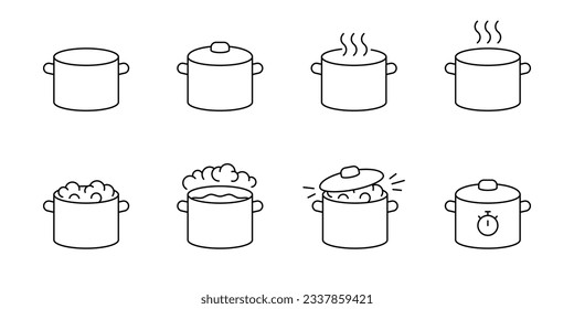 Pot for cooking on kitchen, pan cuisine icon line set. Pots for cook food. Vector illustration