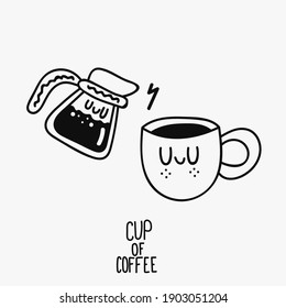 Pot und Tasse Kaffee doodle Vektorgrafik handgezeichnet linearen schwarzen Symbole für Cafe und Restaurant Business. Espresso-Zeichenkette