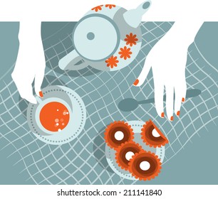 A pot and cup filled with a hot drink, cookies on a table.Vector illustration 