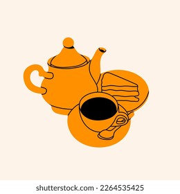 Pot, cup of a hot tea or coffee with a peace of cake. Sweet bakery and hot beverage. Tasty pie. Hand drawn modern Vector illustration. Isolated design element. Bakery, food and drink concept