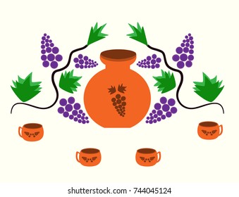 pot with cups and berries with leaves of grapes