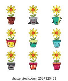 Pot and Daisy Flower Cartoon with Cute Emoticon Set for Design Element or Sticker