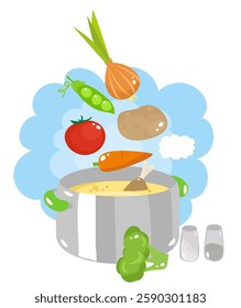 A pot of delicious vegetable soup with peas, onions, potatoes, carrots, tomatoes, chicken, broth, salt, pepper. Steam, fragrance, warmth, joy, comfort, taste, recipe, love, enjoyment. Vector illustrat