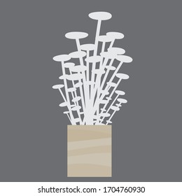 Pot Of Enoki Mushrooms. Vector Drawing On A Home Mushroom Cultivation Theme. Edible Tasty Enoki Mushroom.