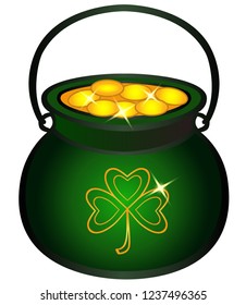 Pot filled with gold coins. Cauldron with gold, Celtic mythology, Irish holidays. Symbols of St. Patrick's Day. Green cauldron with clover leaf. Pot of leprikon at the end of the rainbow Treasure