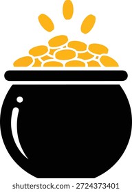 Pot filled with gold coins representing Irish luck. Flat vector illustration commonly associated with leprechauns and St. Patrick’s Day, isolated on white background.