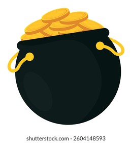 Pot filled with shiny golden coins. Vector