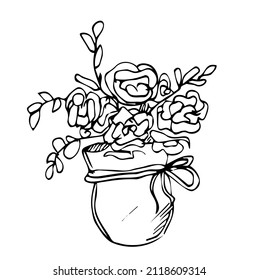 Pot with flower. Hand drawn black outline vector illustration in doodle style, isolated. Design element, clip art for decoration, coloring page