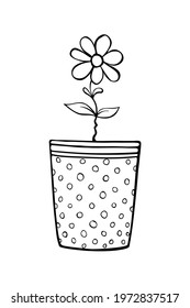 Pot with flower. Hand drawn simple black outline vector illustration in doodle style, isolated. Design element, clip art for decoration, coloring page