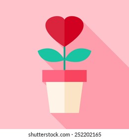 Pot with flower with heart. Flat stylized object with long shadow