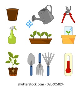 Pot Flower icon set. Vector illustration with plants and garden objects