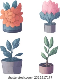 Pot Flower And leaf Set, Vector Flower And Leaf Watercolor Design Set 