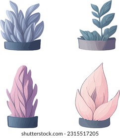 Pot Flower And leaf Set, Vector Flower And Leaf Watercolor Design Set 