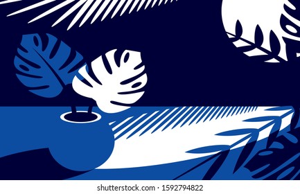 A pot or flower pot with leaves in the evening against the background of the moon and other leaves in classic blue color