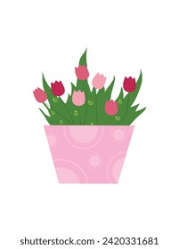 Pot with flowers. Multicolored tulips. Isolated flat design