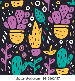 Pot flowers and succulents colorful pattern