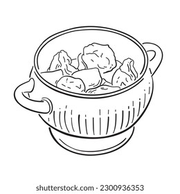 Pota de comida. Vertientes, carne en una olla. Ilustración vectorial aislada en fondo blanco en estilo doodle, icono