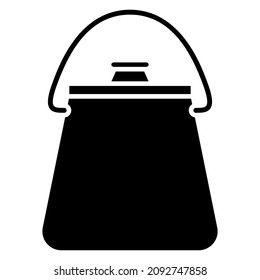 The pot is in the form of a trapezoid and a shackle for hanging. A pot with a lid, a pot for cooking over a fire. Vector icon, glyph, isolated