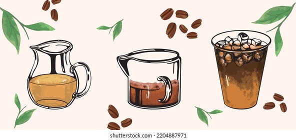 A pot of fragrant tea is added with coffee to turn into a delicious cup of coffee tea illustration, card or poster design