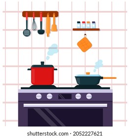 A pot and a frying pan on an electric stove. Kitchen interior, cooking. Flat vector illustration