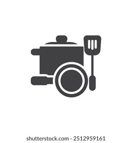 Pot, frying pan, and utensils vector icon. filled flat sign for mobile concept and web design. Kitchen tools and cookware glyph icon. Kitchenware symbol, logo illustration. Vector graphics