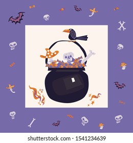 Pot full of candies, skulls, bones and mushrooms. Vector illustration. A frame with set of cute cartoon images.