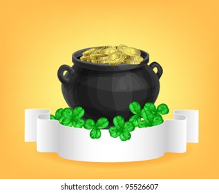 Pot full of gold, clovers and scroll