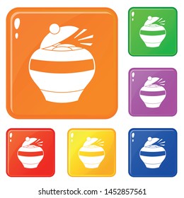 Pot full of gold coins icons set collection vector 6 color isolated on white background