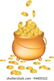 Pot full of gold coins isolated on white background