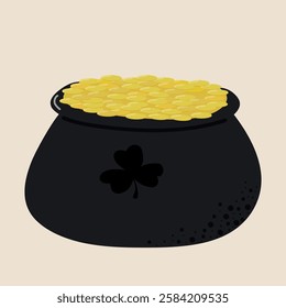 Pot full of gold coins. Leprechaun treasure, St. Patricks day symbol. Lucky Concept. Fairytale currency, Irish wealth. Vector flat illustration 