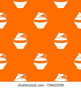 Pot full of gold coins pattern repeat seamless in orange color for any design. Vector geometric illustration
