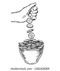 Pot full of gold coins sketch. A hand is pouring gold coins into a pot.