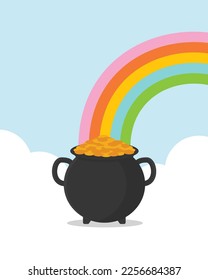 Pot full of gold at the end of a rainbow concept. St Patrick's day background. Flat design vector illustration. 