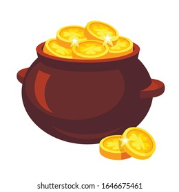 Pot full of golden coins with clover symbol isolated on white background. Magic treasure from Irish fairytale, legend or folklore. Cartoon colorful vector illustration for Patrick s Day celebration.