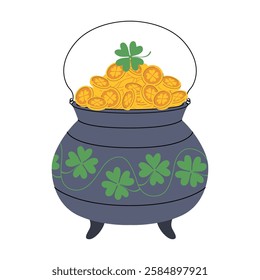 Pot full of golden coins depicting four-leaf clover. Сauldron of Leprechaun treasure. St. Patrick's theme. Traditional Irish holiday luck symbol. Vector cartoon illustration.