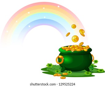 Pot  full of golden coins at the End of the Rainbow