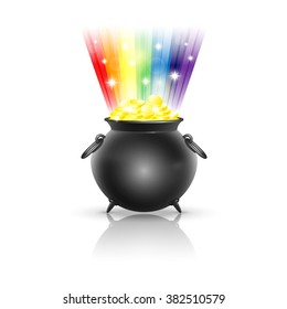 Pot full of golden coins at the end of the rainbow on Saint Patrick's Day