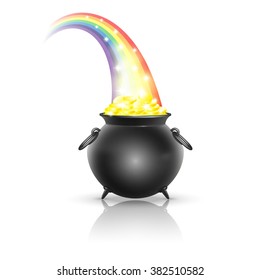 Pot full of golden coins at the end of the rainbow on Saint Patrick's Day