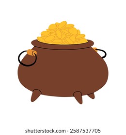 Pot full of golden coins. Сauldron of Leprechaun treasure. St. Patrick's theme. Traditional Irish holiday luck symbol. Vector cartoon illustration.