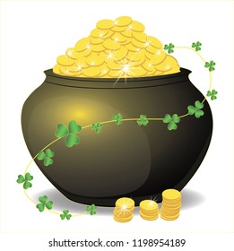 Pot full of money. The glow of gold. Many gold coins. Sprig of clover flower, Shamrock.. White, isolated. Vector