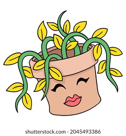 pot garden with lush vines, vector illustration art. doodle icon image kawaii.