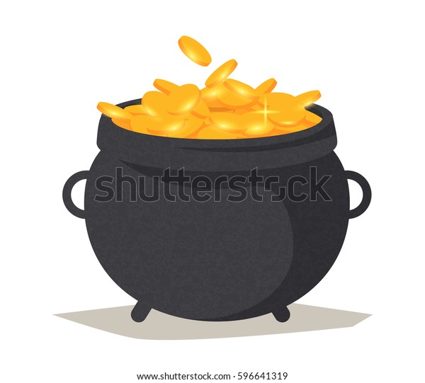 Pot with glitter gold for good luck.\
Illustration for St. Patrick\'s Day. Magic\
gold.