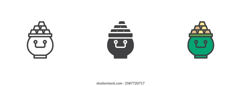 Pot of gold bars different style icon set. Line, glyph and filled outline colorful version, outline and filled vector sign. Symbol, logo illustration. Vector graphics